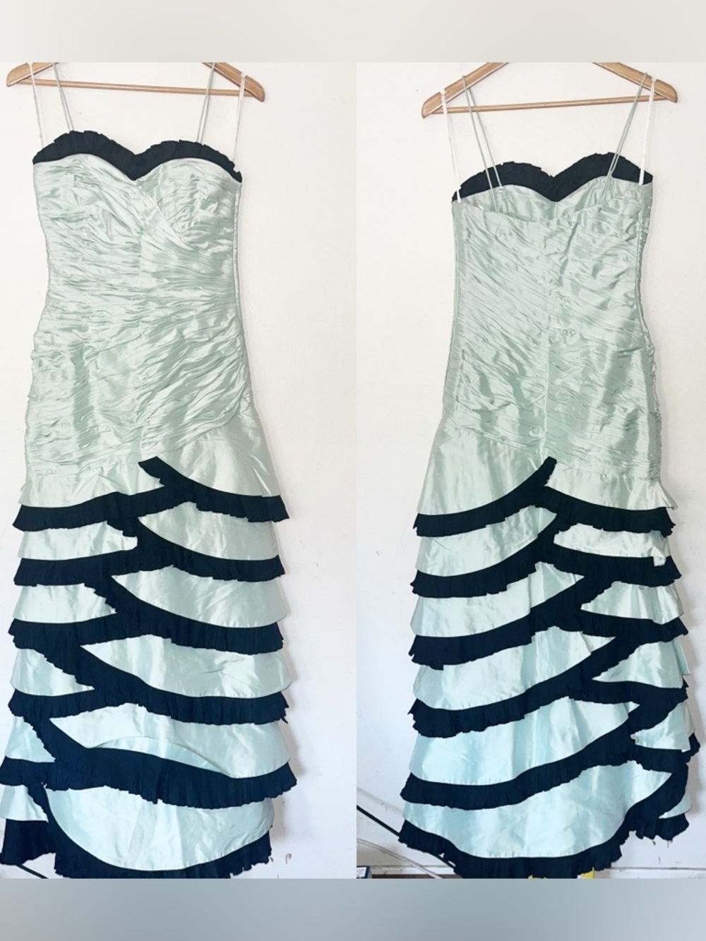 NWT Marisa Baratelli 100% Thai Silk Ball Gown Maxi Sz 4 Green Black Tier Ruffle